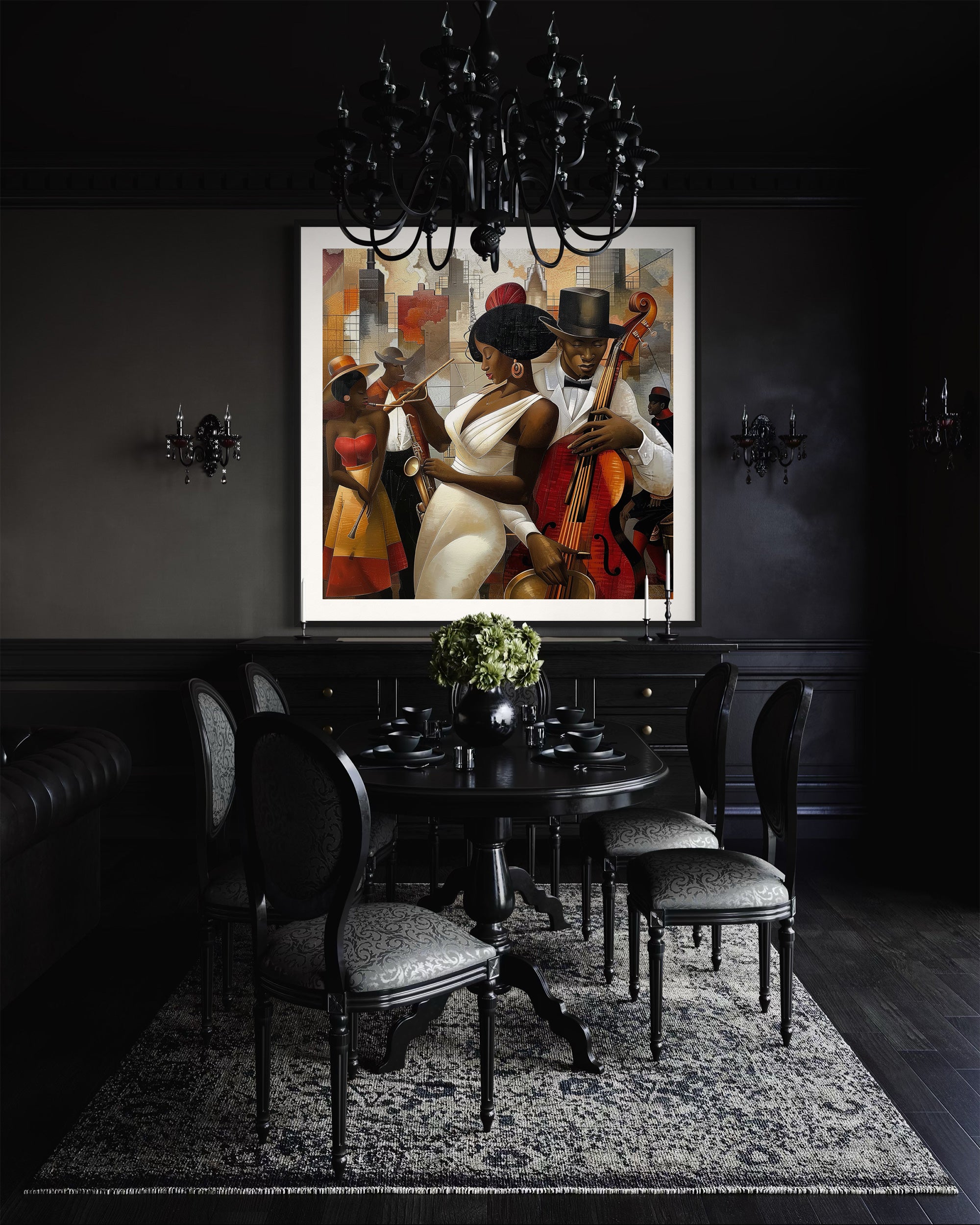 Celebrate Harlem’s golden age with the Jazz Musicians Art Print, featuring Afrocentric abstract Bauhaus style artwork of African American performers. Perfect wall decor for music lovers and collectors of Harlem Renaissance art.