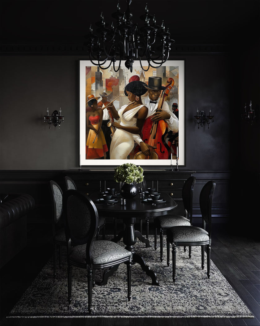 Celebrate Harlem’s golden age with the Jazz Musicians Art Print, featuring Afrocentric abstract Bauhaus style artwork of African American performers. Perfect wall decor for music lovers and collectors of Harlem Renaissance art.