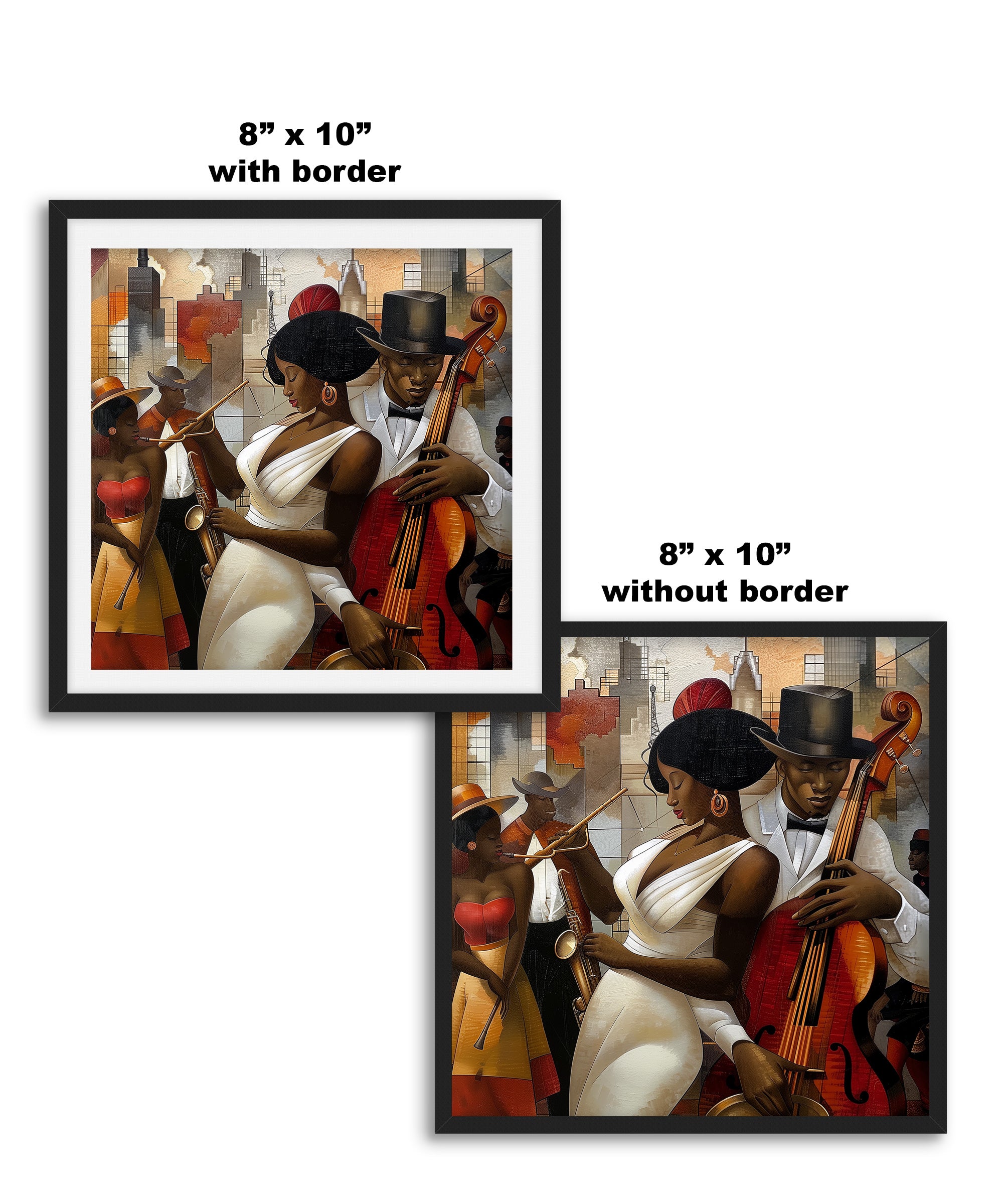 Celebrate Harlem’s golden age with the Jazz Musicians Art Print, featuring Afrocentric abstract Bauhaus style artwork of African American performers. Perfect wall decor for music lovers and collectors of Harlem Renaissance art.