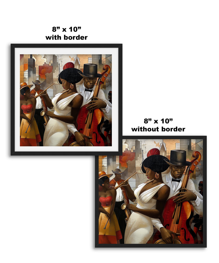 Celebrate Harlem’s golden age with the Jazz Musicians Art Print, featuring Afrocentric abstract Bauhaus style artwork of African American performers. Perfect wall decor for music lovers and collectors of Harlem Renaissance art.