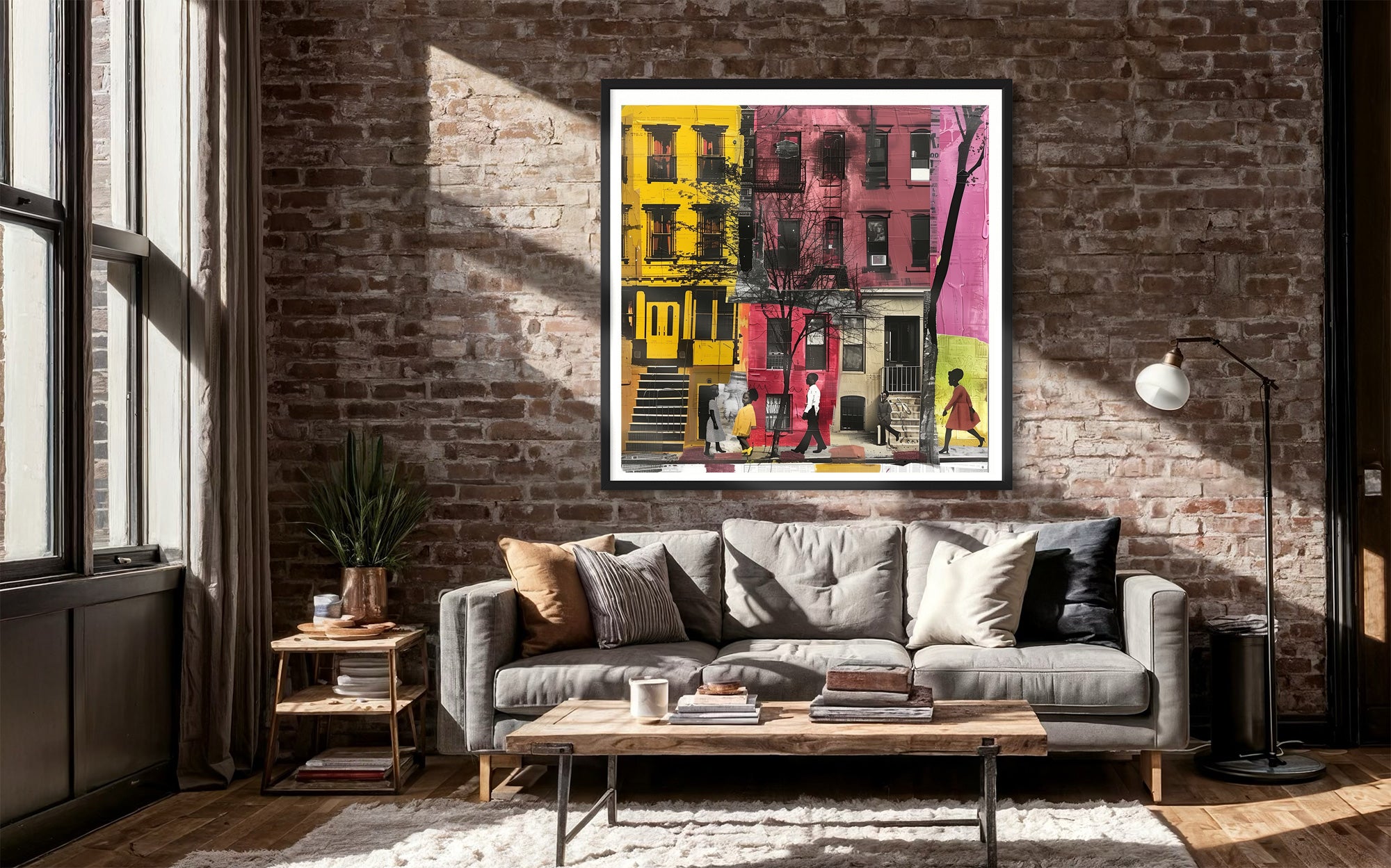 Abstract Afrocentric art of a Black man and woman taking a quiet stroll past historic Harlem brownstones. The scene highlights a sunny stoop and captures the peaceful rhythm of neighborhood life, evoking warmth, heritage, and cultural pride.