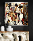 Harlem Renaissance Jazz Musicians Art Print featuring African American performers in a Bauhaus-inspired abstract Afrocentric design. Vibrant wall art celebrating Harlem’s music culture and artistic heritage.