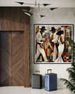 Harlem Renaissance Jazz Musicians Art Print featuring African American performers in a Bauhaus-inspired abstract Afrocentric design. Vibrant wall art celebrating Harlem’s music culture and artistic heritage.
