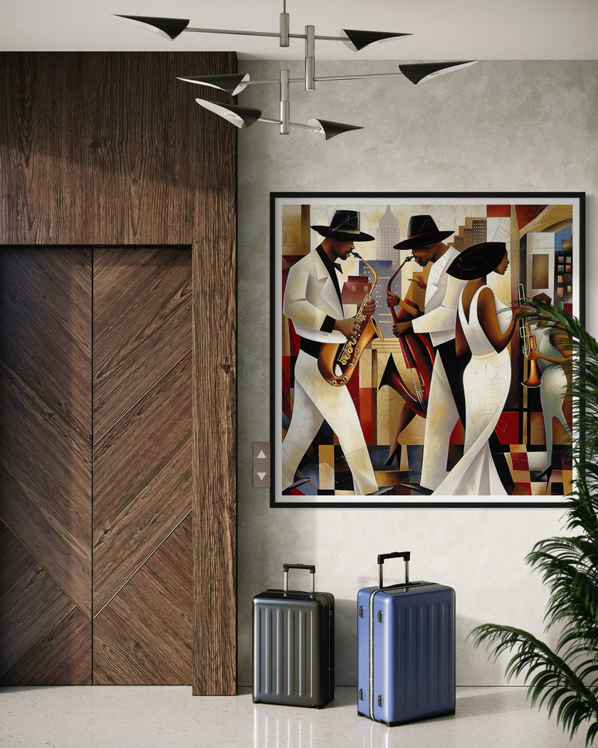 Harlem Renaissance Jazz Musicians Art Print featuring African American performers in a Bauhaus-inspired abstract Afrocentric design. Vibrant wall art celebrating Harlem’s music culture and artistic heritage.