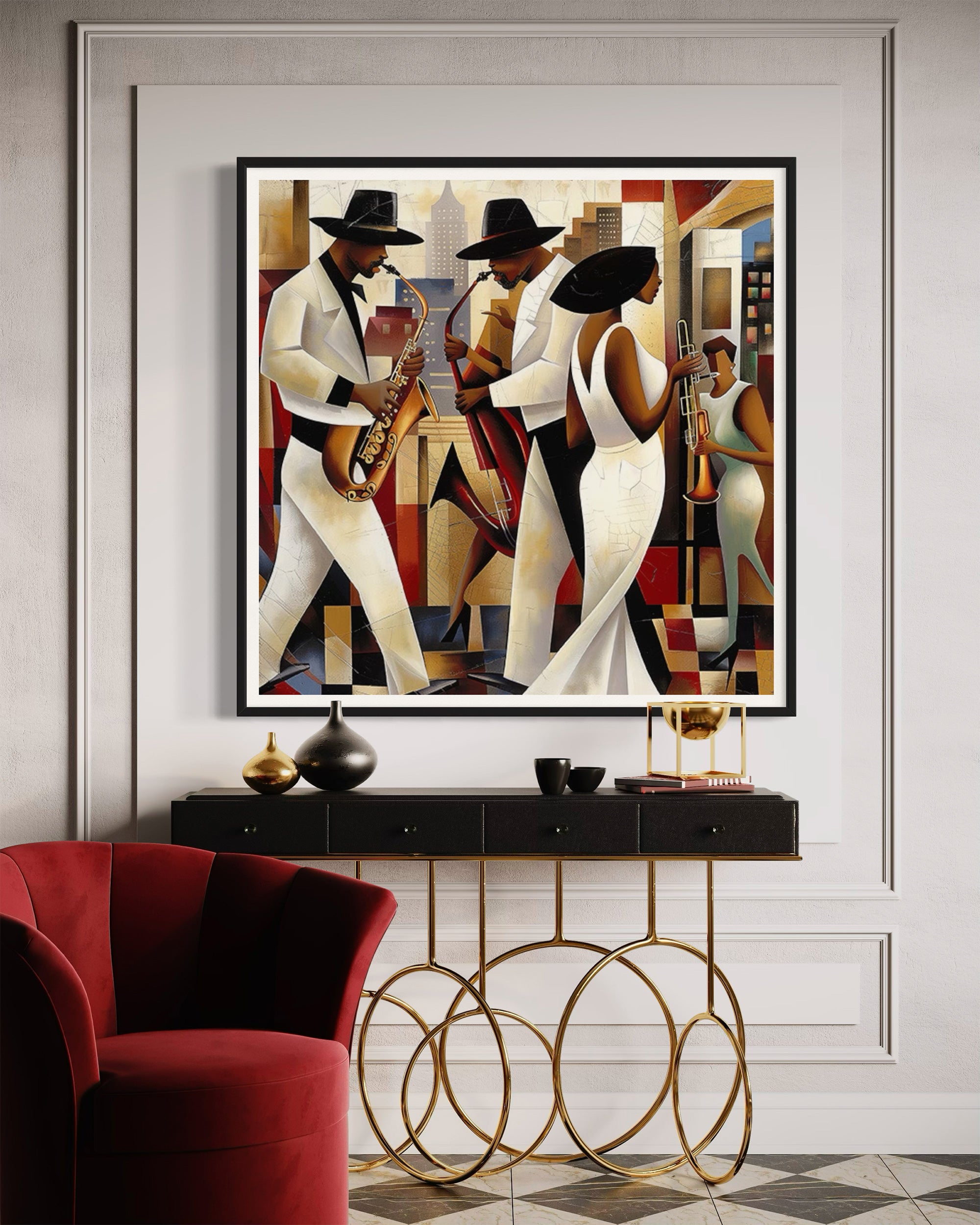 Harlem Renaissance Jazz Musicians Art Print featuring African American performers in a Bauhaus-inspired abstract Afrocentric design. Vibrant wall art celebrating Harlem’s music culture and artistic heritage.