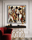 Harlem Renaissance Jazz Musicians Art Print featuring African American performers in a Bauhaus-inspired abstract Afrocentric design. Vibrant wall art celebrating Harlem’s music culture and artistic heritage.