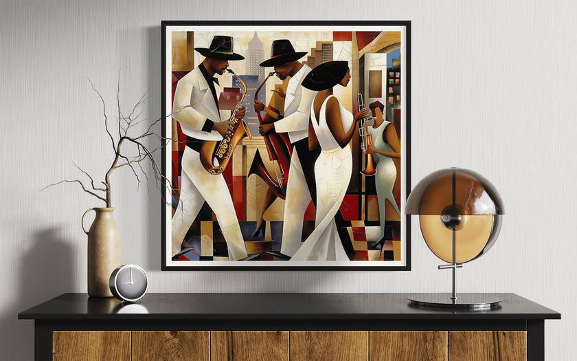 Harlem Renaissance Jazz Musicians Art Print featuring African American performers in a Bauhaus-inspired abstract Afrocentric design. Vibrant wall art celebrating Harlem’s music culture and artistic heritage.
