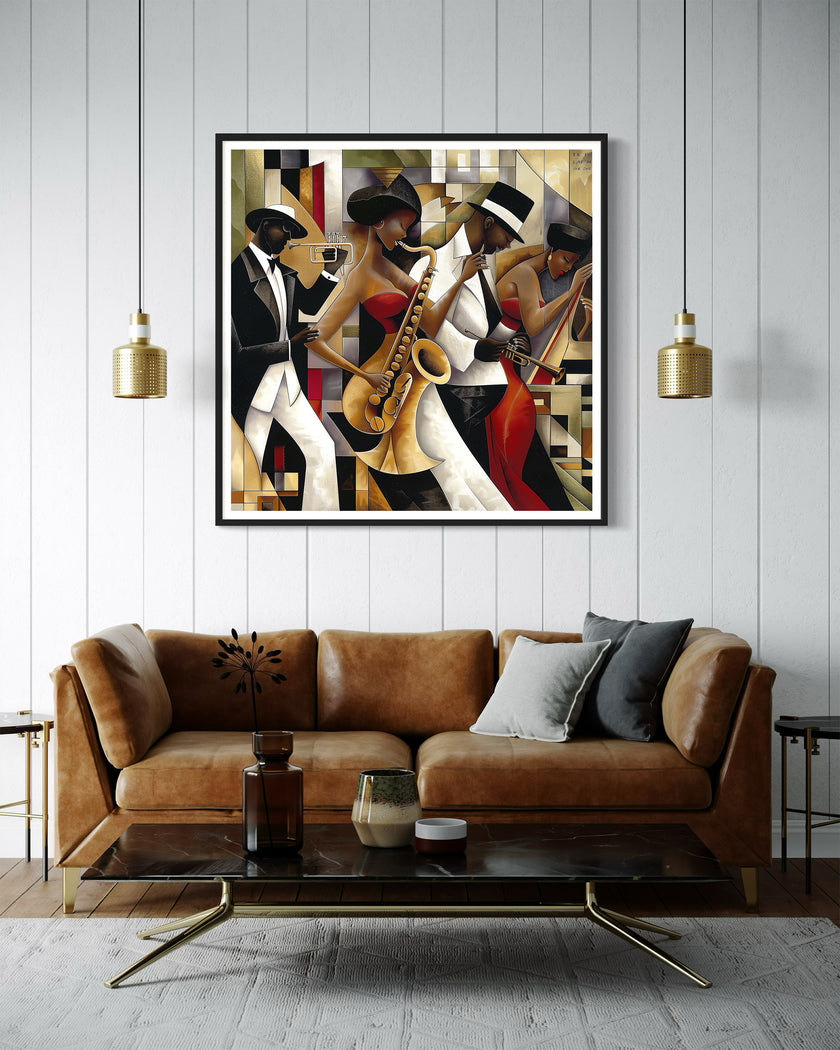 Jazz Musicians Art Print featuring African American performers in an abstract Bauhaus-inspired Afrocentric style. Vibrant Harlem Renaissance wall art celebrating music, culture, and artistic expression.