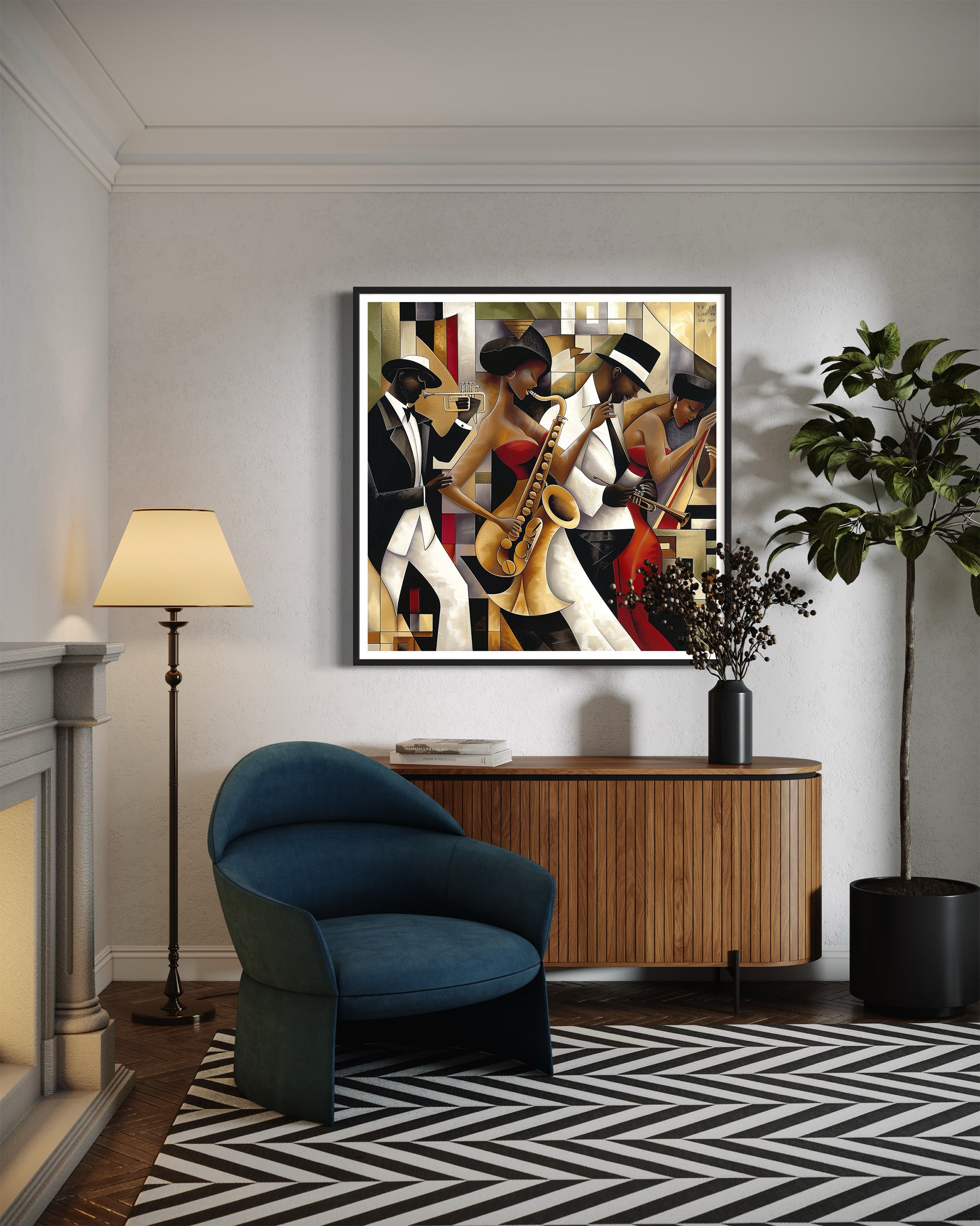 Jazz Musicians Art Print featuring African American performers in an abstract Bauhaus-inspired Afrocentric style. Vibrant Harlem Renaissance wall art celebrating music, culture, and artistic expression.