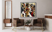 Jazz Musicians Art Print featuring African American performers in an abstract Bauhaus-inspired Afrocentric style. Vibrant Harlem Renaissance wall art celebrating music, culture, and artistic expression.