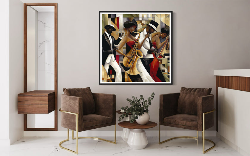 Jazz Musicians Art Print featuring African American performers in an abstract Bauhaus-inspired Afrocentric style. Vibrant Harlem Renaissance wall art celebrating music, culture, and artistic expression.