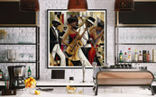 Jazz Musicians Art Print featuring African American performers in an abstract Bauhaus-inspired Afrocentric style. Vibrant Harlem Renaissance wall art celebrating music, culture, and artistic expression.