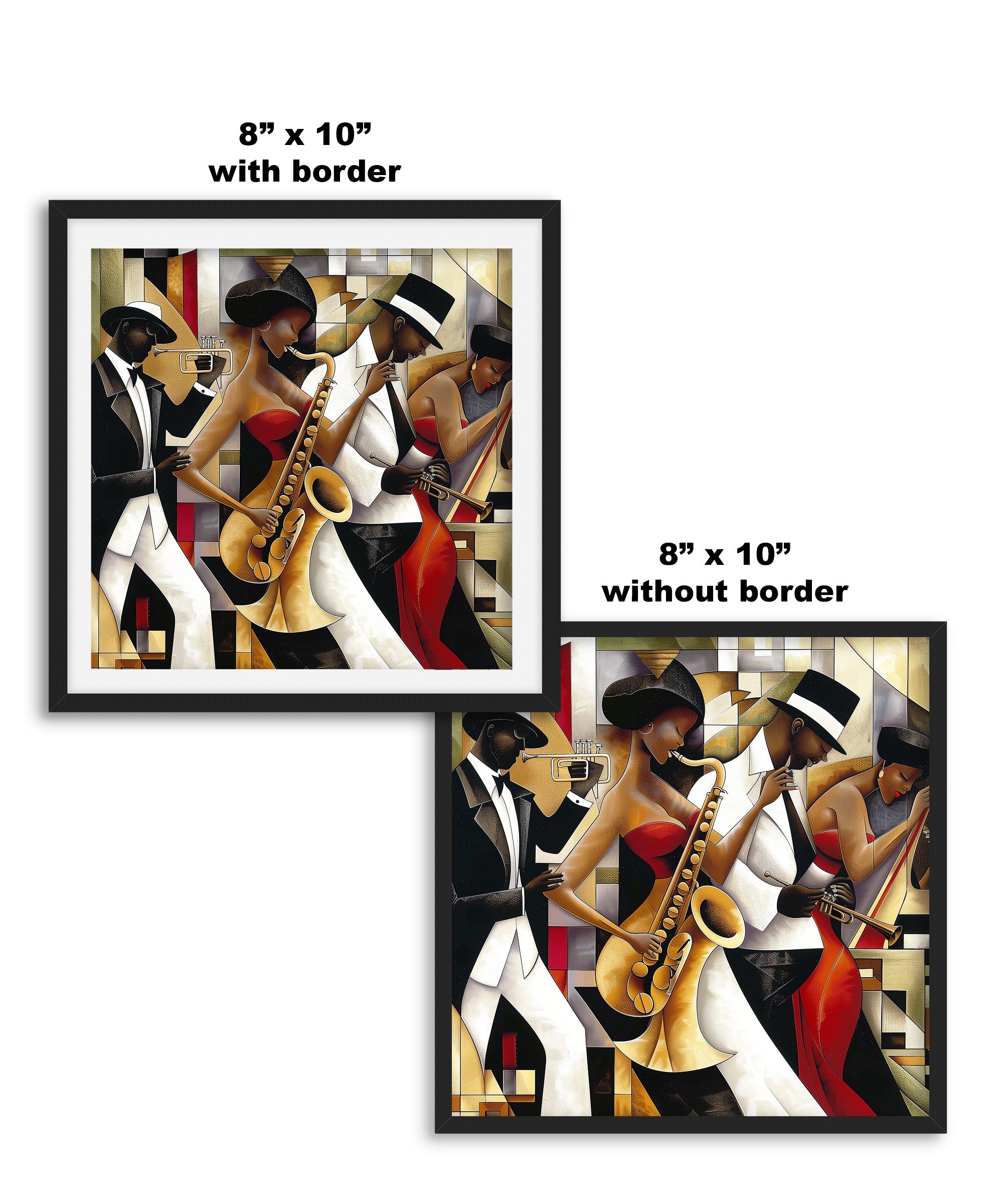 Jazz Musicians Art Print featuring African American performers in an abstract Bauhaus-inspired Afrocentric style. Vibrant Harlem Renaissance wall art celebrating music, culture, and artistic expression.