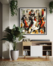 Jazz Musicians Art Print featuring African American performers in an abstract Bauhaus-inspired Afrocentric style. Vibrant Harlem Renaissance wall art celebrating music, culture, and artistic expression.