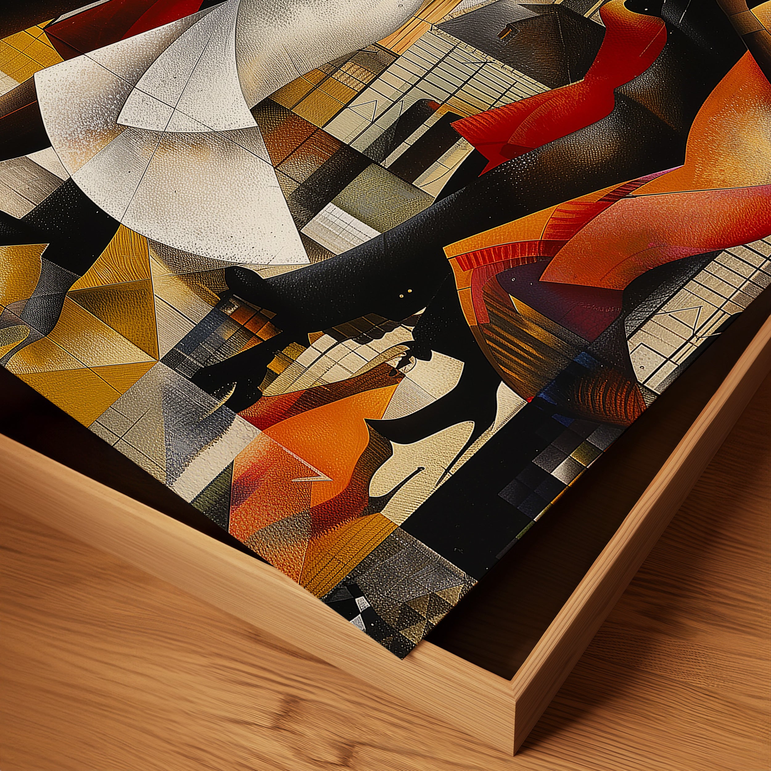 Jazz Musicians Art Print featuring African American performers in an abstract Bauhaus-inspired Afrocentric style. Vibrant Harlem Renaissance wall art celebrating music, culture, and artistic expression.