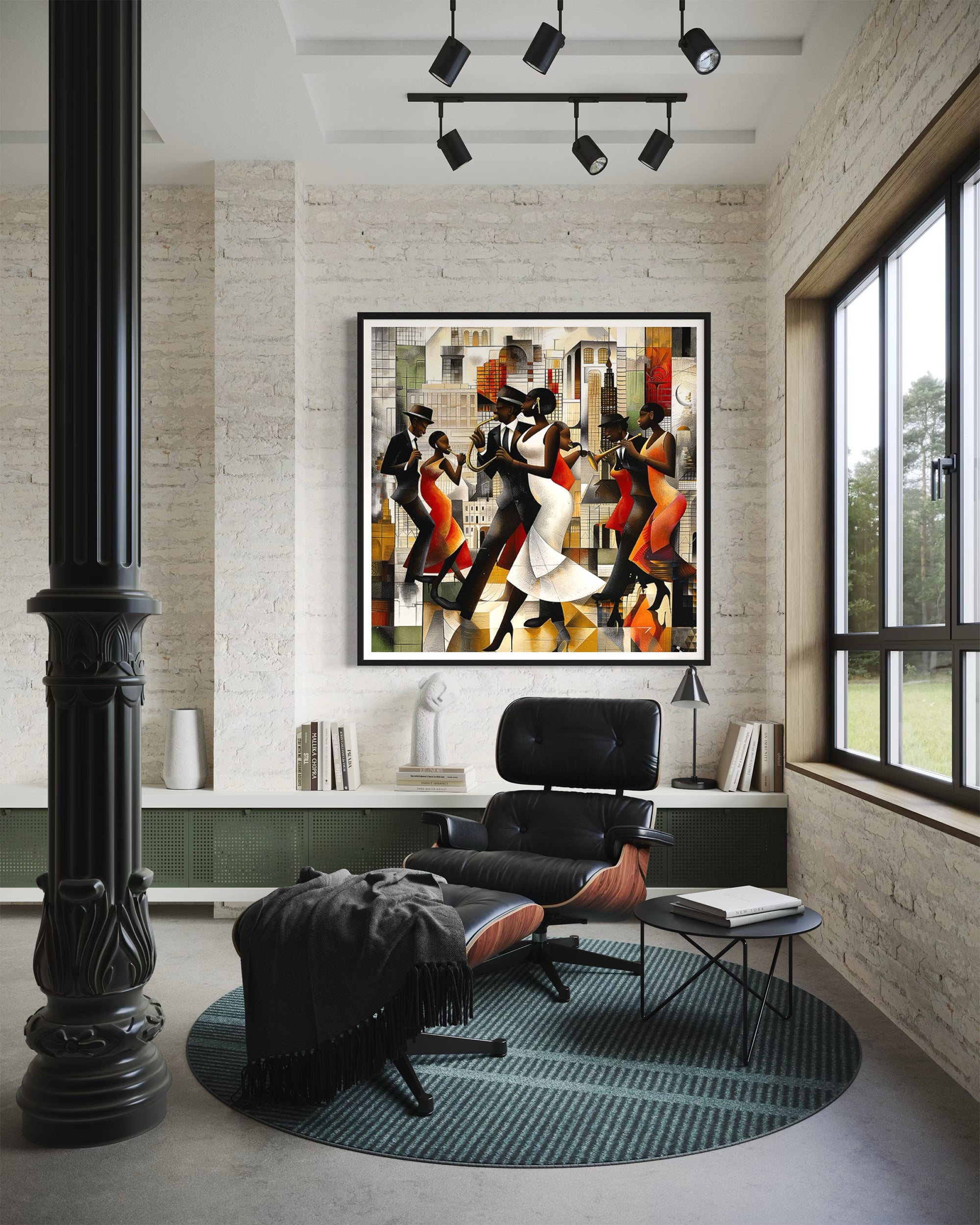 Jazz Musicians Art Print featuring African American performers in an abstract Bauhaus-inspired Afrocentric style. Vibrant Harlem Renaissance wall art celebrating music, culture, and artistic expression.