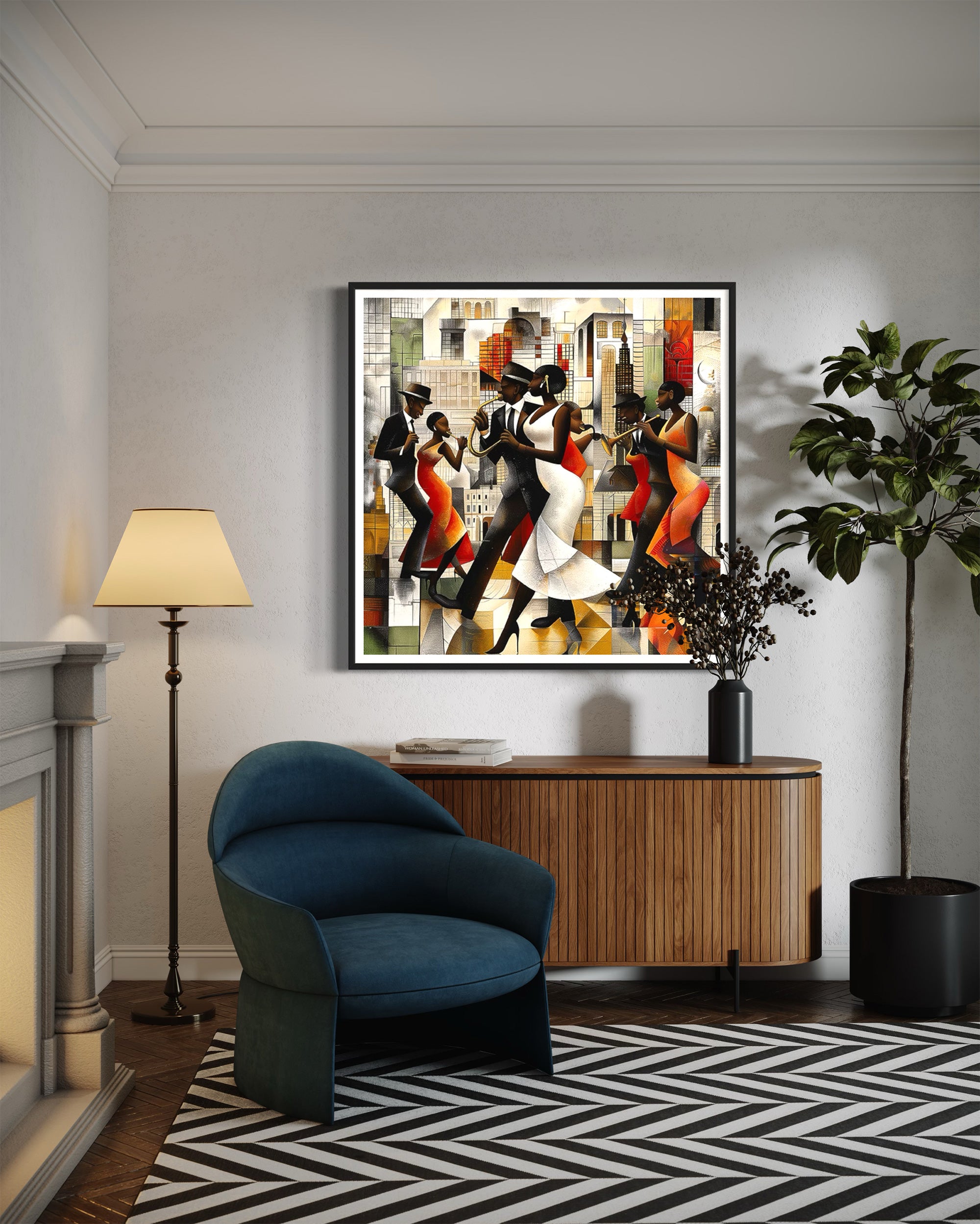 Jazz Musicians Art Print featuring African American performers in an abstract Bauhaus-inspired Afrocentric style. Vibrant Harlem Renaissance wall art celebrating music, culture, and artistic expression.