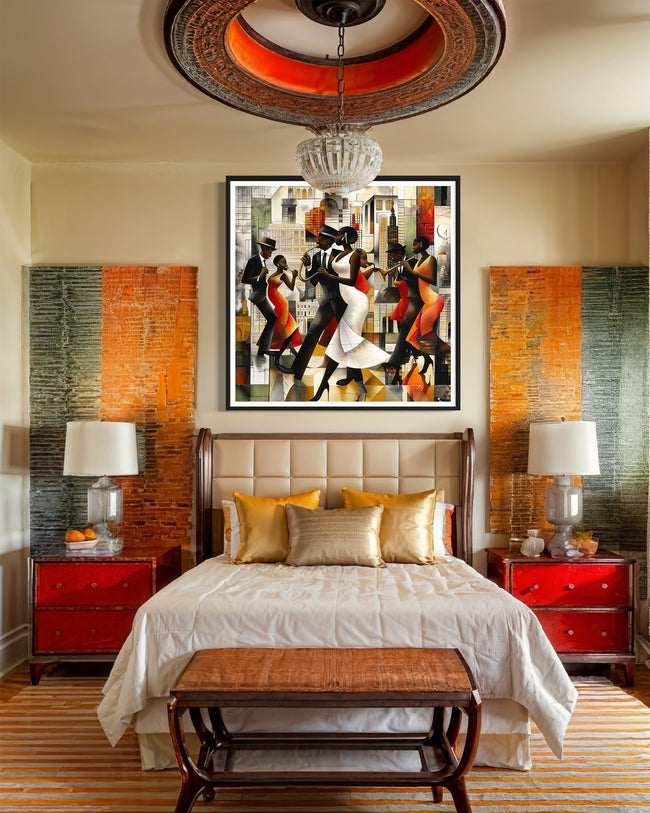 Jazz Musicians Art Print featuring African American performers in an abstract Bauhaus-inspired Afrocentric style. Vibrant Harlem Renaissance wall art celebrating music, culture, and artistic expression.