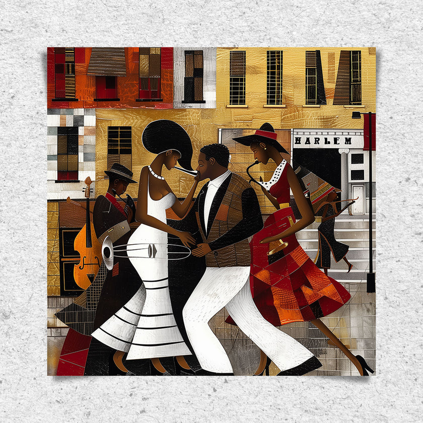 Afrocentric Harlem Renaissance Jazz Musicians Art Print featuring African American performers playing music in the Harlem neighborhood, designed in a bold Bauhaus abstract style with vibrant Afrocentric colors.
