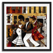 Afrocentric Harlem Renaissance Jazz Musicians Art Print featuring African American performers playing music in the Harlem neighborhood, designed in a bold Bauhaus abstract style with vibrant Afrocentric colors.