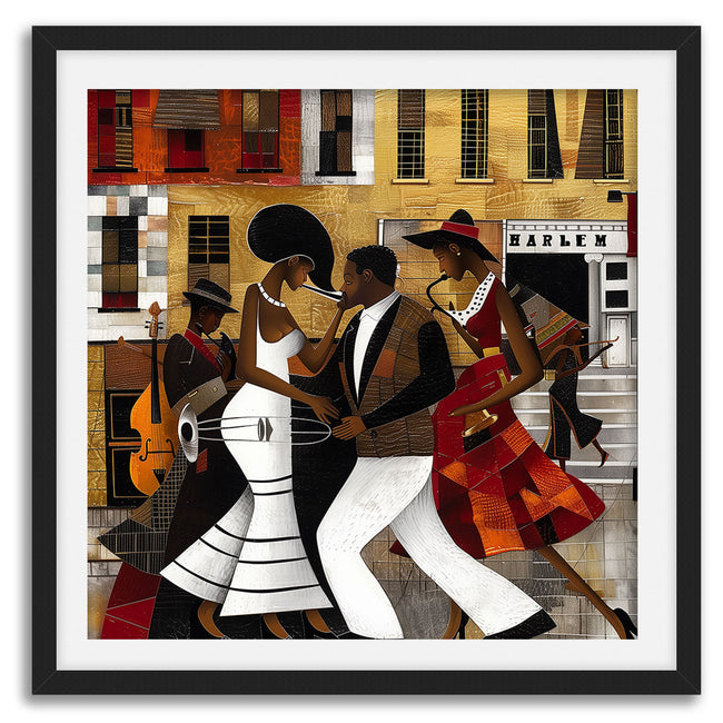 Afrocentric Harlem Renaissance Jazz Musicians Art Print featuring African American performers playing music in the Harlem neighborhood, designed in a bold Bauhaus abstract style with vibrant Afrocentric colors.