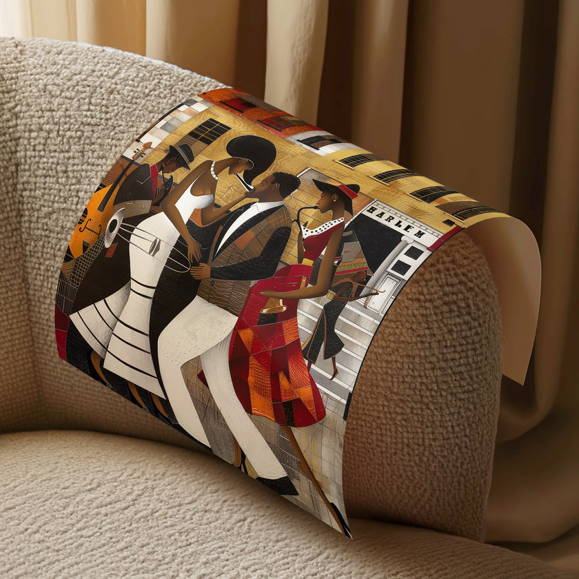 Afrocentric Harlem Renaissance Jazz Musicians Art Print featuring African American performers playing music in the Harlem neighborhood, designed in a bold Bauhaus abstract style with vibrant Afrocentric colors.