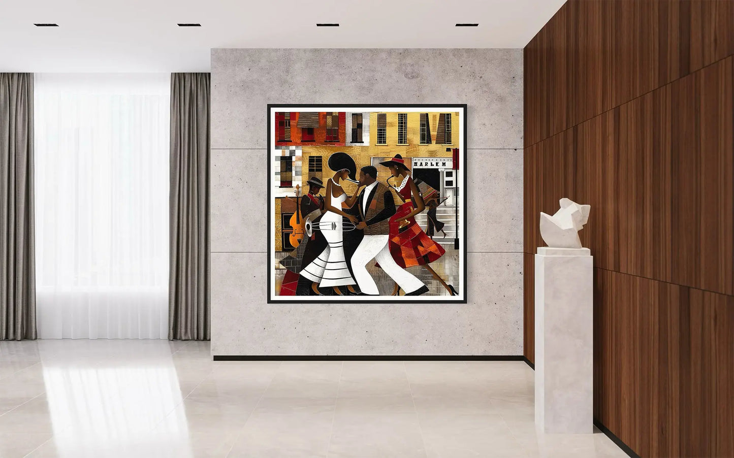 Afrocentric Harlem Renaissance Jazz Musicians Art Print featuring African American performers playing music in the Harlem neighborhood, designed in a bold Bauhaus abstract style with vibrant Afrocentric colors.