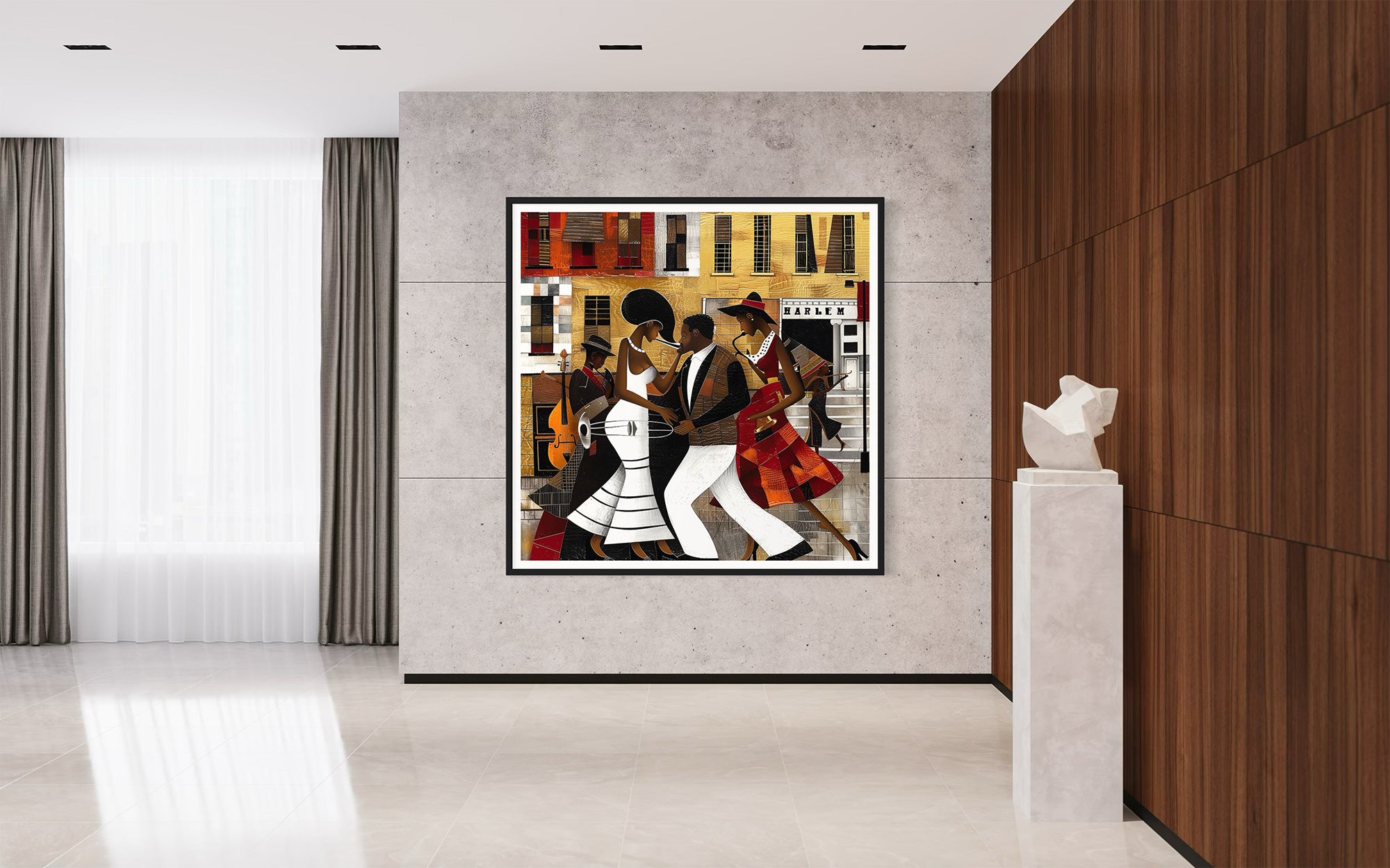 Afrocentric Harlem Renaissance Jazz Musicians Art Print featuring African American performers playing music in the Harlem neighborhood, designed in a bold Bauhaus abstract style with vibrant Afrocentric colors.