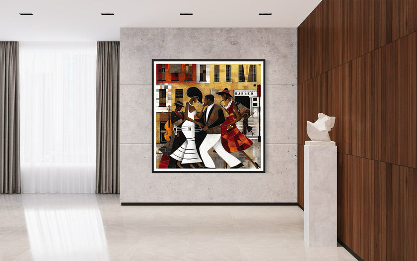 Afrocentric Harlem Renaissance Jazz Musicians Art Print featuring African American performers playing music in the Harlem neighborhood, designed in a bold Bauhaus abstract style with vibrant Afrocentric colors.