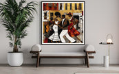 Afrocentric Harlem Renaissance Jazz Musicians Art Print featuring African American performers playing music in the Harlem neighborhood, designed in a bold Bauhaus abstract style with vibrant Afrocentric colors.
