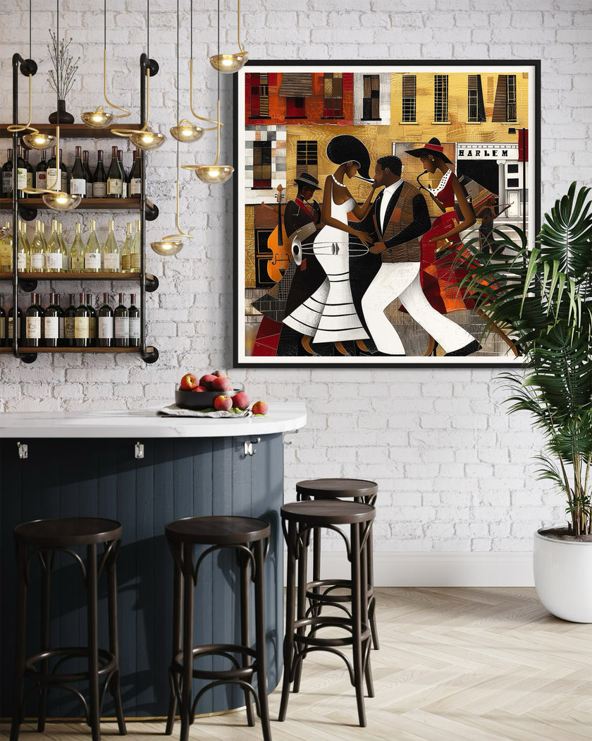 Afrocentric Harlem Renaissance Jazz Musicians Art Print featuring African American performers playing music in the Harlem neighborhood, designed in a bold Bauhaus abstract style with vibrant Afrocentric colors.