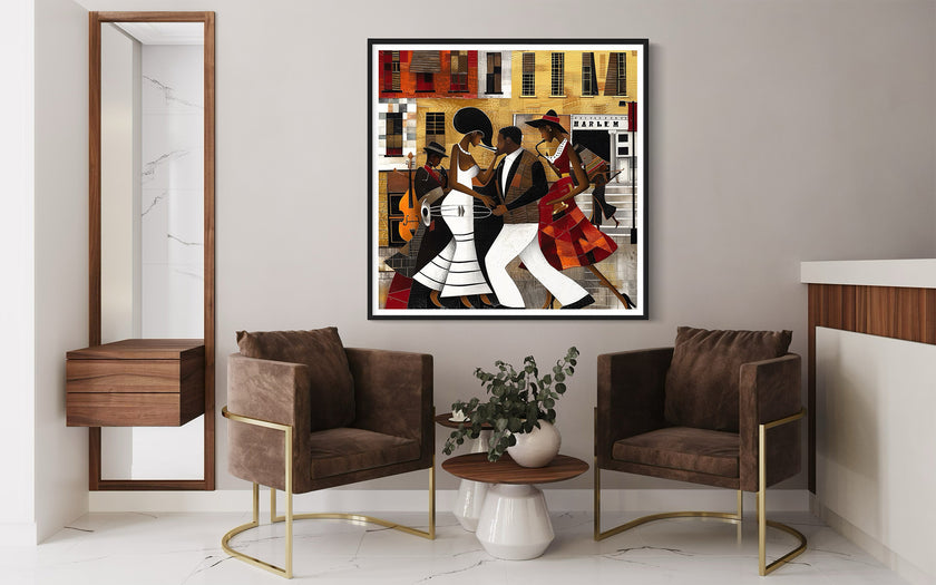 Afrocentric Harlem Renaissance Jazz Musicians Art Print featuring African American performers playing music in the Harlem neighborhood, designed in a bold Bauhaus abstract style with vibrant Afrocentric colors.