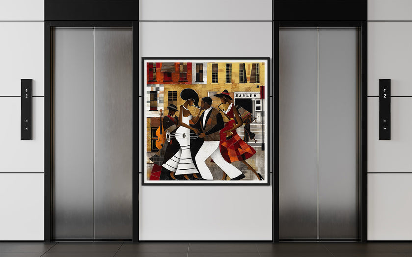Afrocentric Harlem Renaissance Jazz Musicians Art Print featuring African American performers playing music in the Harlem neighborhood, designed in a bold Bauhaus abstract style with vibrant Afrocentric colors.