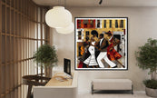 Afrocentric Harlem Renaissance Jazz Musicians Art Print featuring African American performers playing music in the Harlem neighborhood, designed in a bold Bauhaus abstract style with vibrant Afrocentric colors.