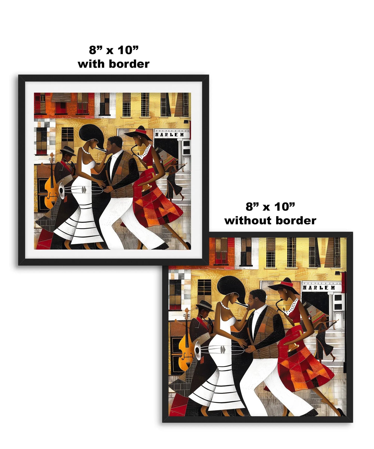 Afrocentric Harlem Renaissance Jazz Musicians Art Print featuring African American performers playing music in the Harlem neighborhood, designed in a bold Bauhaus abstract style with vibrant Afrocentric colors.