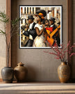 Harlem Renaissance Jazz Musicians Art Print featuring African American performers in a Bauhaus-inspired abstract Afrocentric design. Vibrant wall art celebrating Harlem’s music culture and artistic heritage.