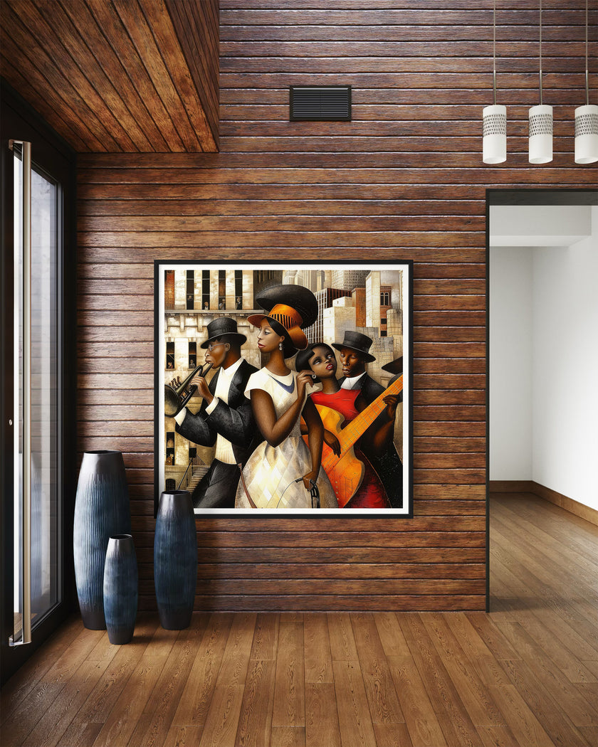 Harlem Renaissance Jazz Musicians Art Print featuring African American performers in a Bauhaus-inspired abstract Afrocentric design. Vibrant wall art celebrating Harlem’s music culture and artistic heritage.