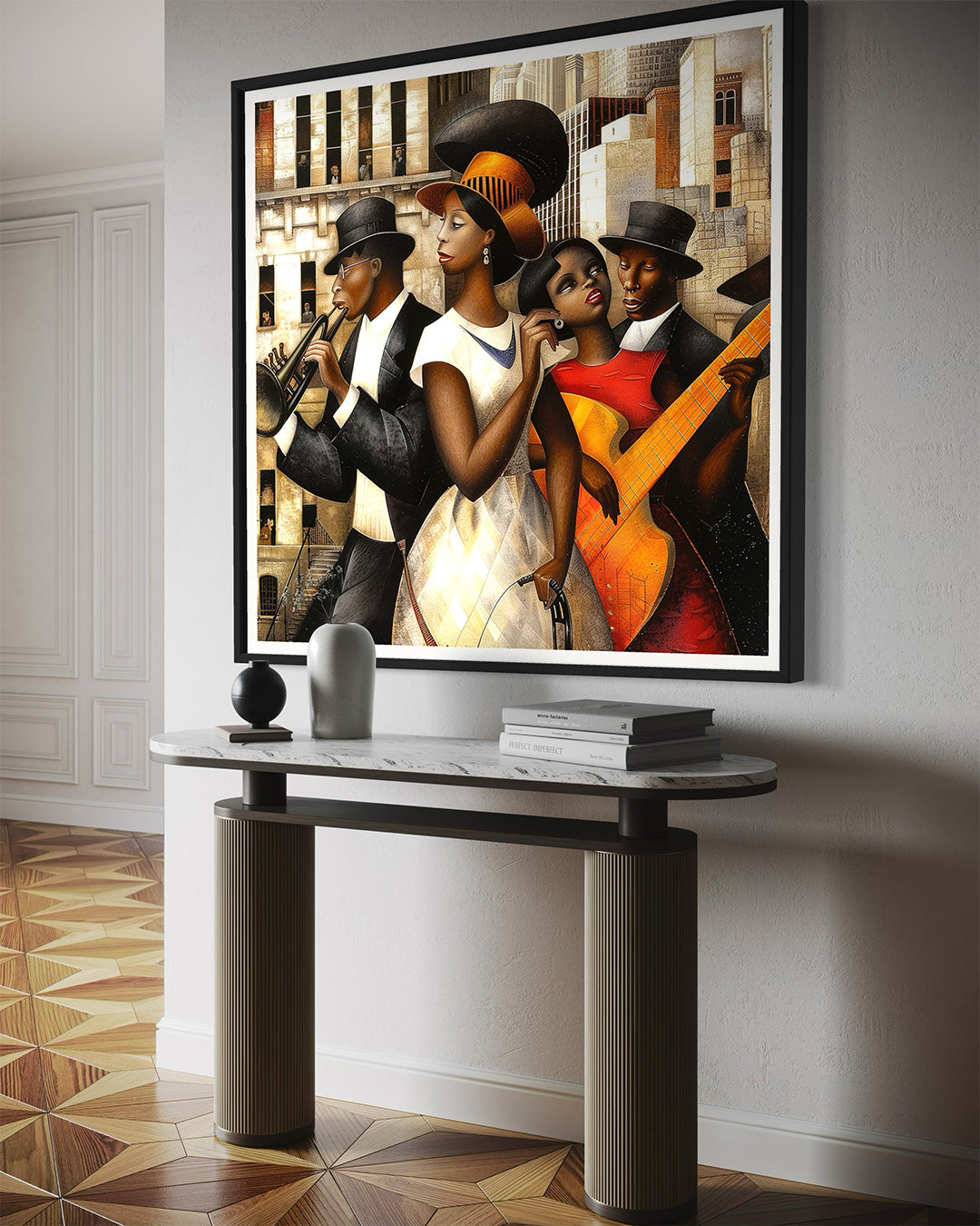 Harlem Renaissance Jazz Musicians Art Print featuring African American performers in a Bauhaus-inspired abstract Afrocentric design. Vibrant wall art celebrating Harlem’s music culture and artistic heritage.