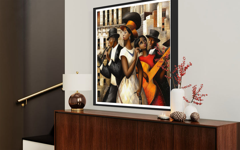 Harlem Renaissance Jazz Musicians Art Print featuring African American performers in a Bauhaus-inspired abstract Afrocentric design. Vibrant wall art celebrating Harlem’s music culture and artistic heritage.