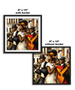 Harlem Renaissance Jazz Musicians Art Print featuring African American performers in a Bauhaus-inspired abstract Afrocentric design. Vibrant wall art celebrating Harlem’s music culture and artistic heritage.