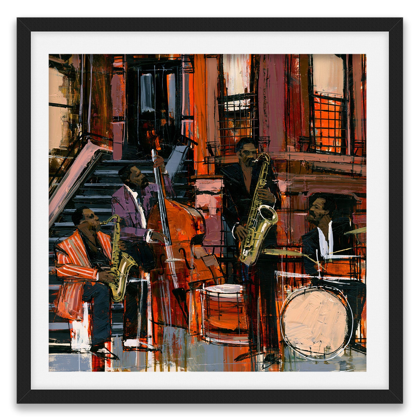 Framed wall art featuring an abstract  painting of a jazz ensemble playing on the sidewalk in front of historic Harlem brownstones, shown in a black frame with a white mat.