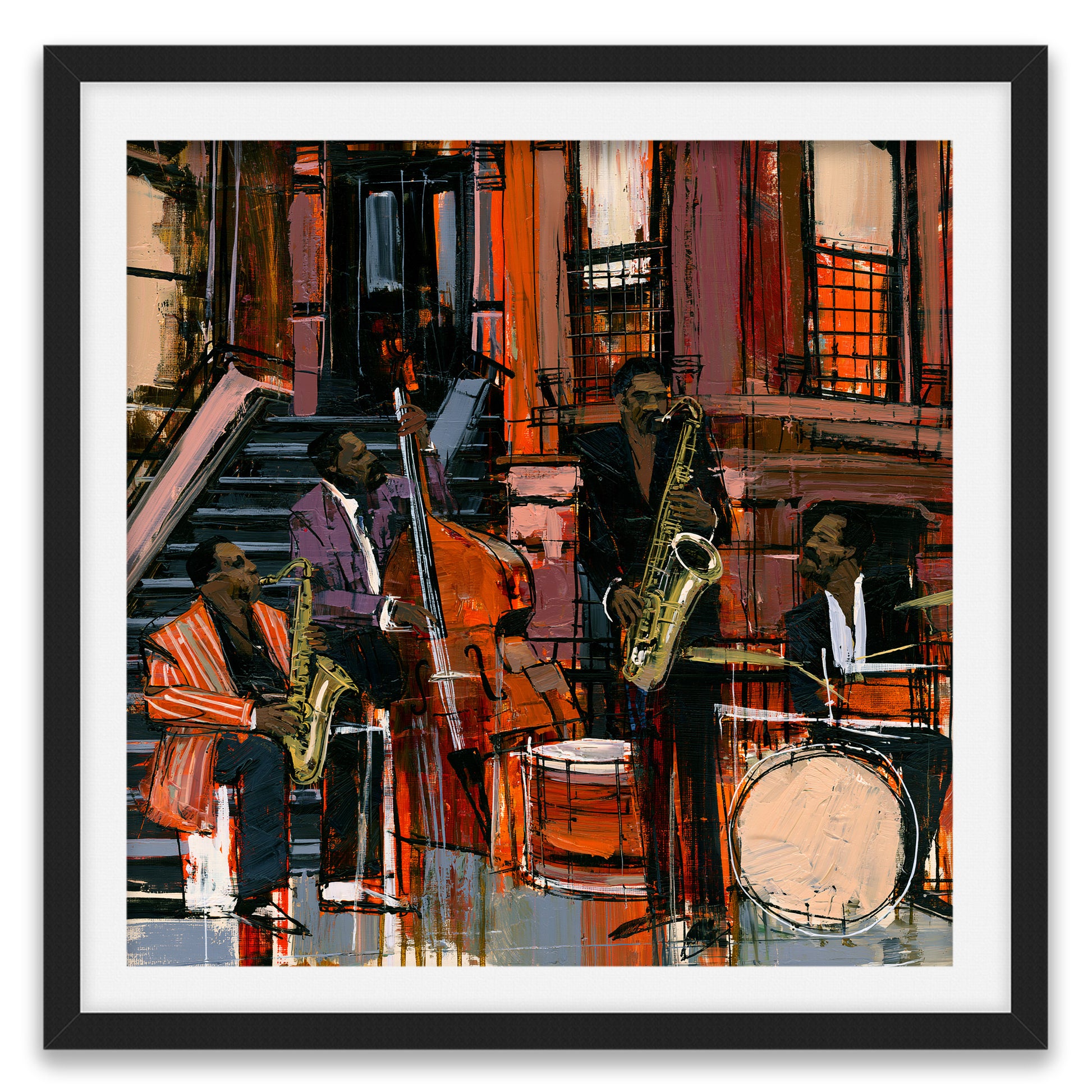 Framed wall art featuring an abstract  painting of a jazz ensemble playing on the sidewalk in front of historic Harlem brownstones, shown in a black frame with a white mat.