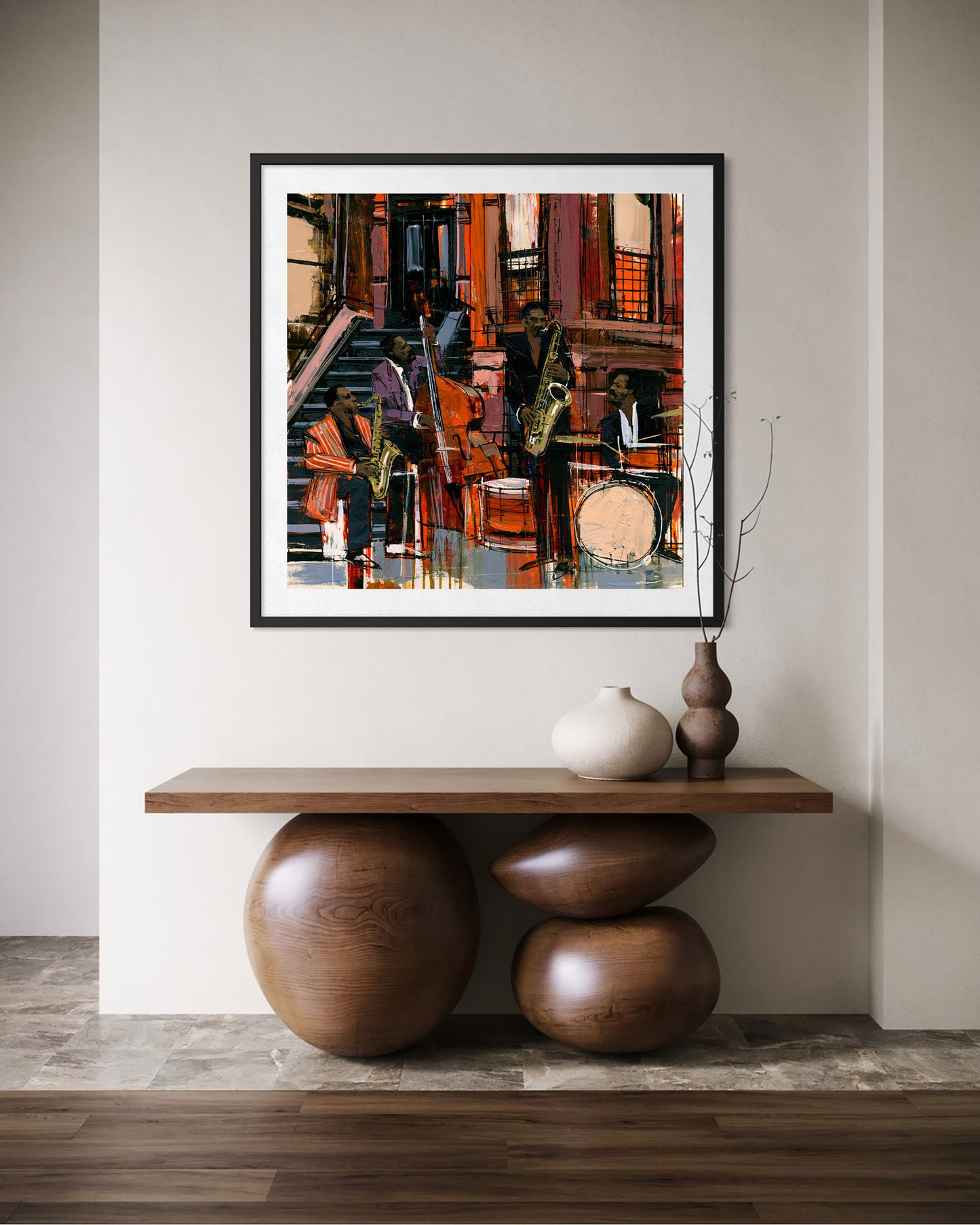 Abstract Afrocentric art print featuring Black American jazz musicians playing saxophone, trumpet, bass, and drums on a Harlem sidewalk in front of historic brownstone buildings, painted in vibrant expressive colors celebrating African American music and culture.