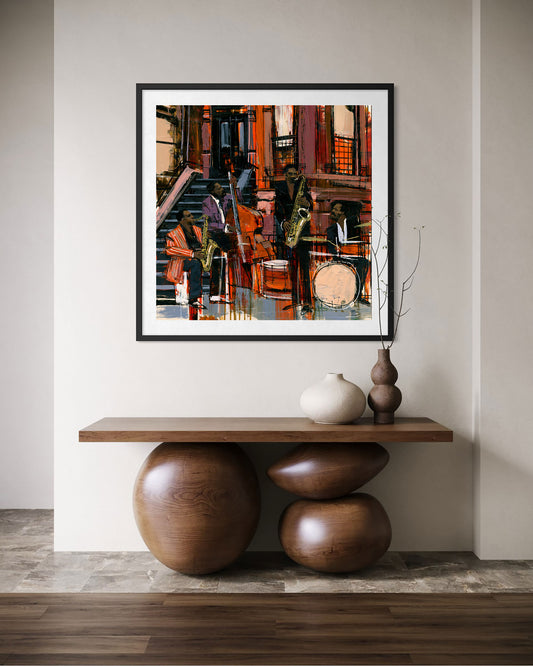 Abstract Afrocentric art print featuring Black American jazz musicians playing saxophone, trumpet, bass, and drums on a Harlem sidewalk in front of historic brownstone buildings, painted in vibrant expressive colors celebrating African American music and culture.
