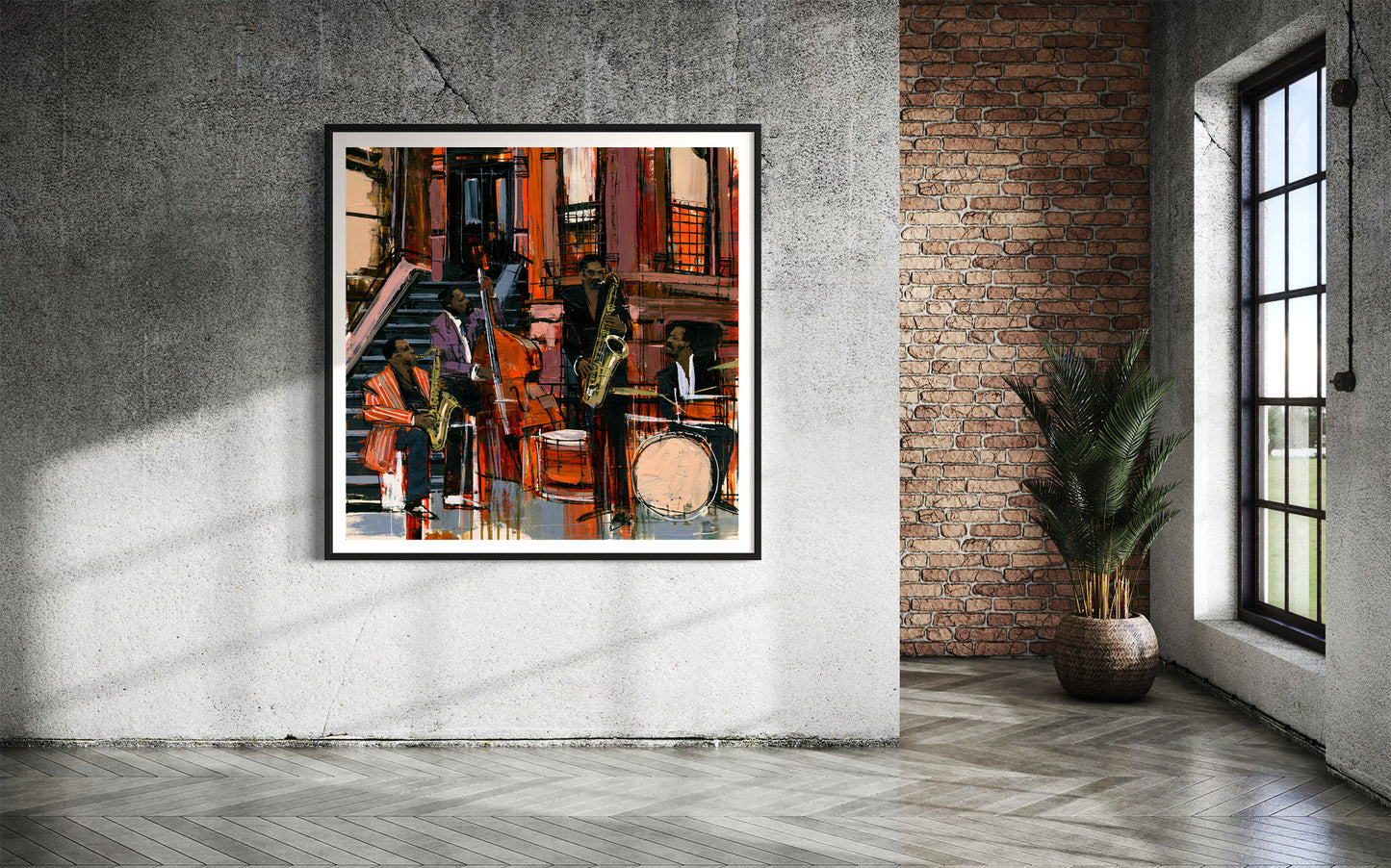 A framed abstract jazz music painting hangs on a sandstone wall in a gallery space.  The artwork features jazz musicians playing on the sidewalk in front of Harlem's historic brownstone buildings.
