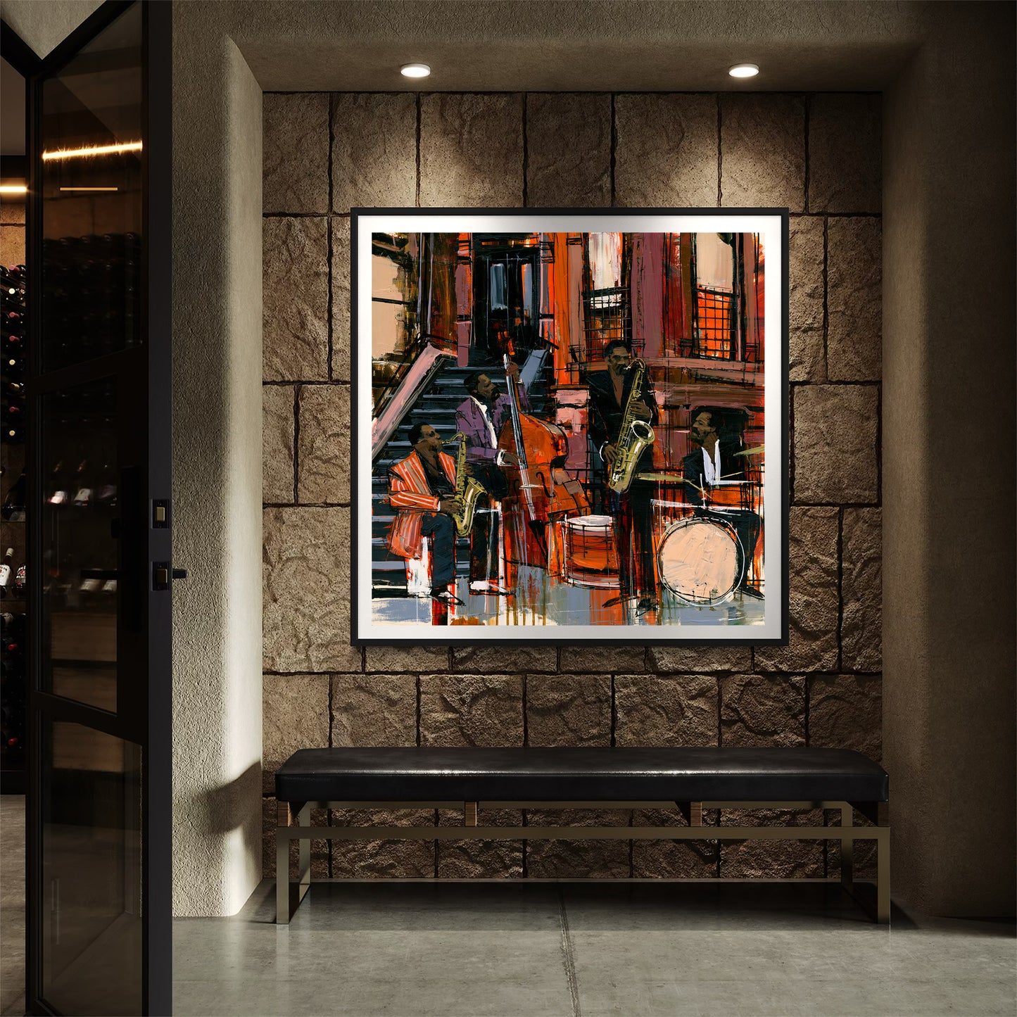 A framed abstract jazz music painting hangs on a brown stone wall in an entry wall  space.  The artwork features jazz musicians playing on the sidewalk in front of Harlem's historic brownstone buildings.