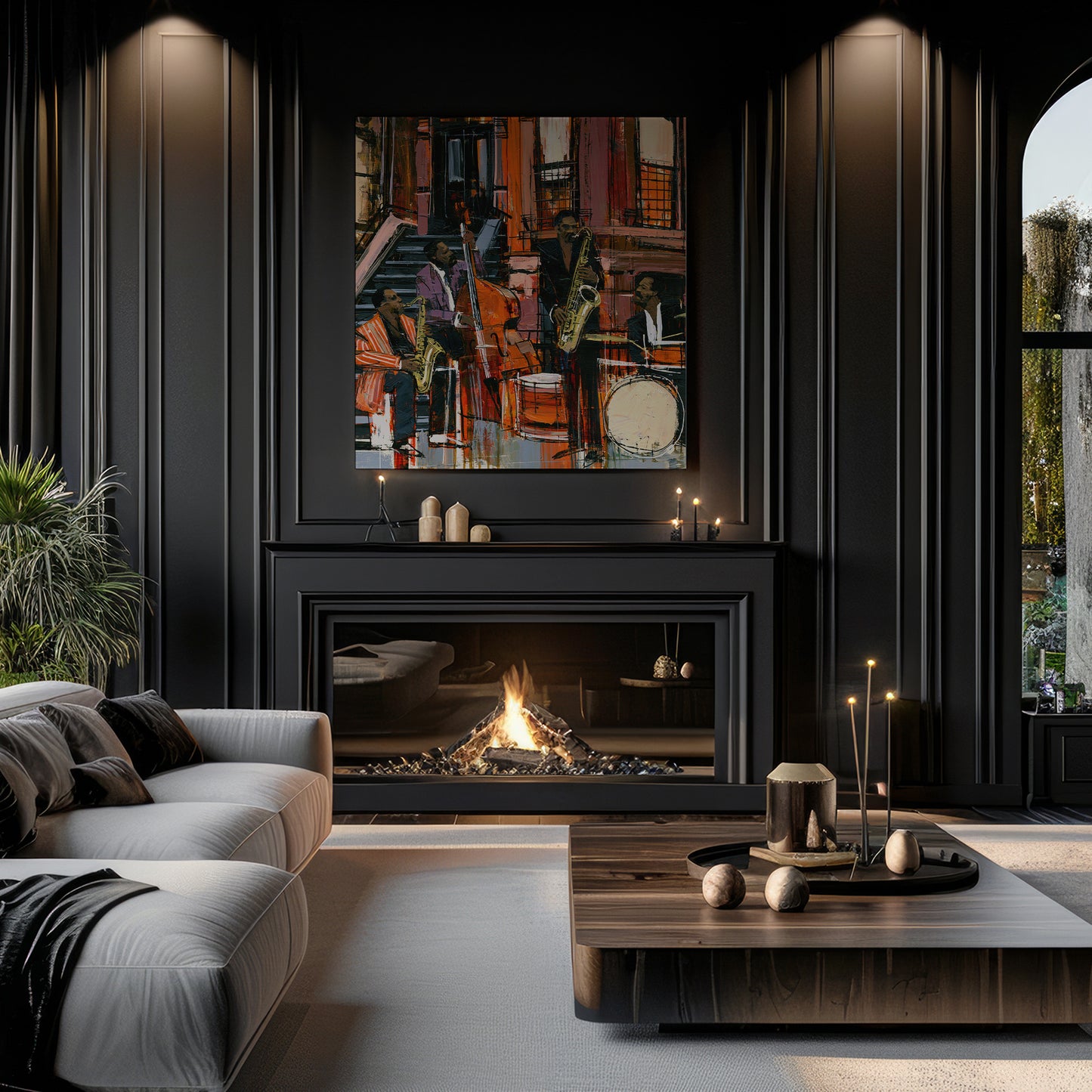 A framed abstract jazz music painting hangs on a black wall in an living room space.  The artwork features jazz musicians playing on the sidewalk in front of Harlem's historic brownstone buildings.