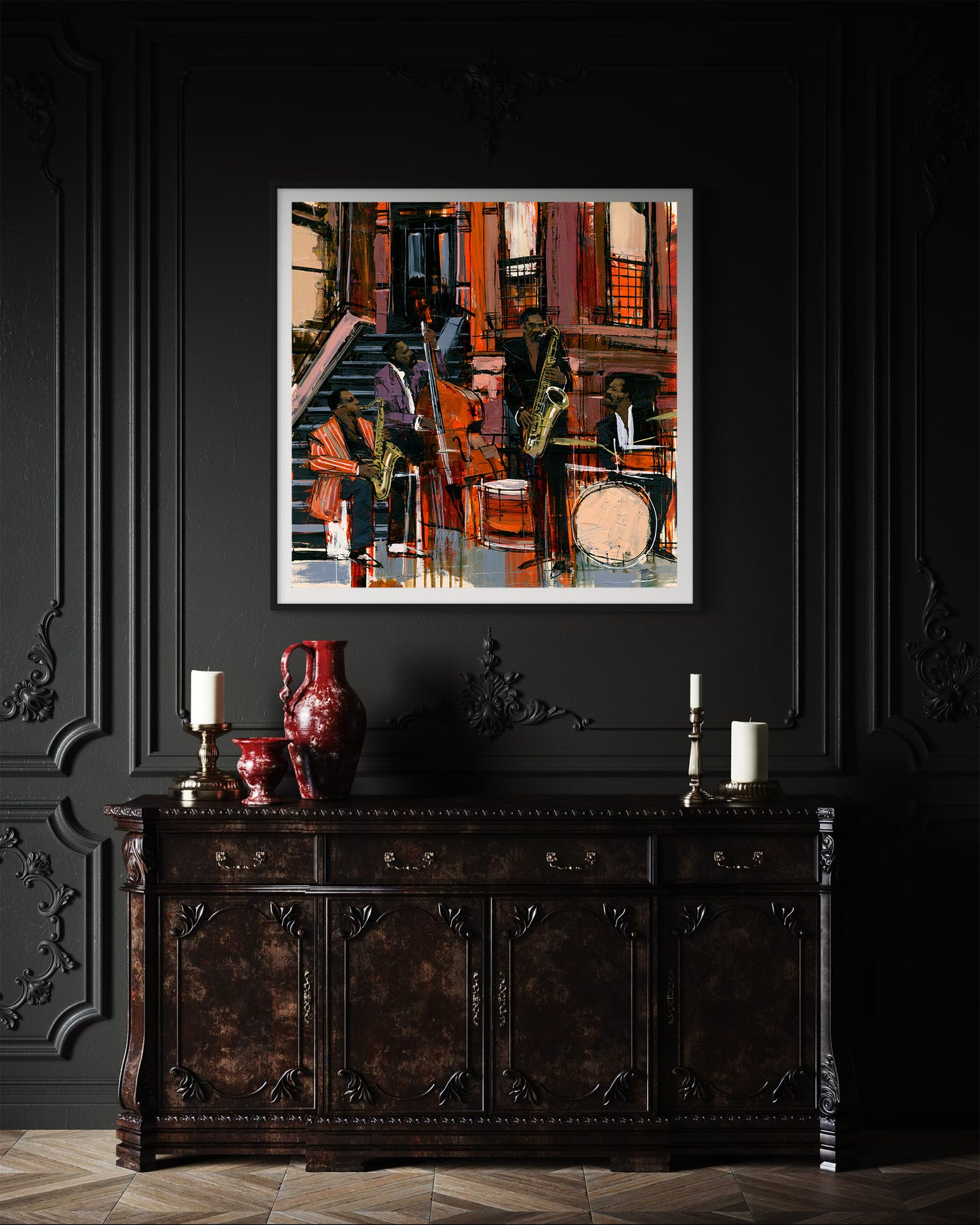 A framed abstract jazz music painting hangs on a black wall above a dark wood console cabinet.  The artwork features jazz musicians playing on the sidewalk in front of Harlem's historic brownstone buildings.