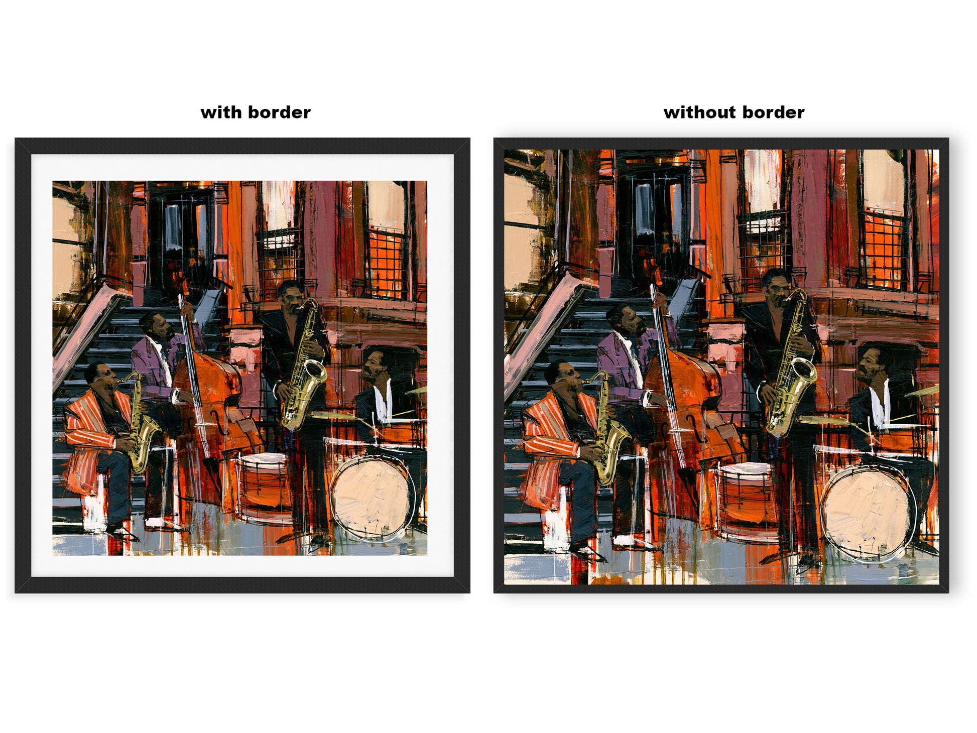 Comparison view featuring the framed art print displayed with a white border versus the full artwork extending to the edges of the frame.