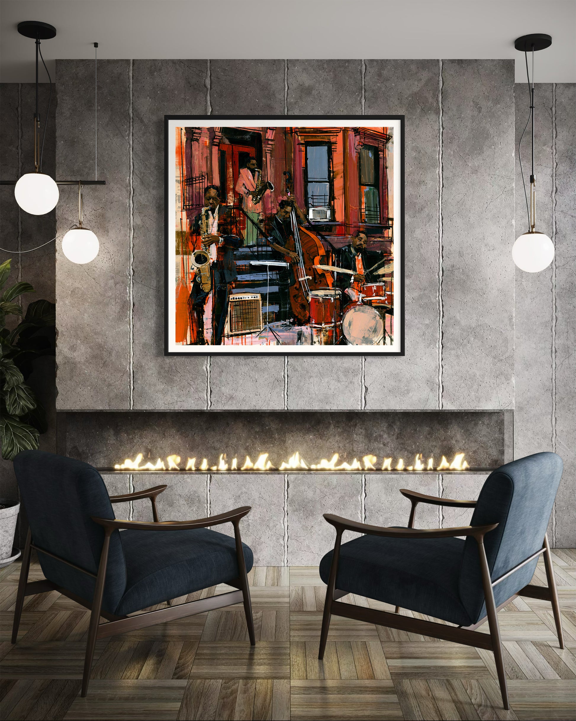 A framed abstract painting of jazz musicians hangs on a textured gray wall above a modern linear fireplace in a stylishly decorated living room with two blue armchairs.